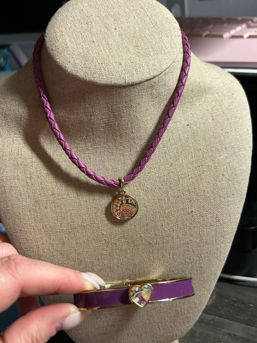Vera Bradley Purple Braided Leather Necklace w/ paisley pendant and Bangle set